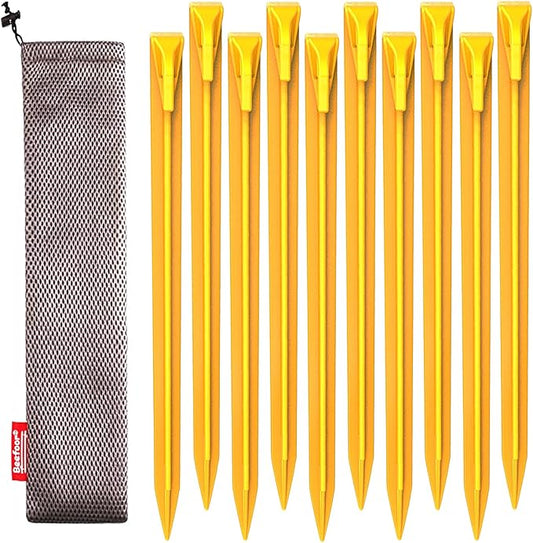 10-Pack Plastic Tent Stakes – 12-Inch Heavy Duty Canopy Anchoring Pegs for Camping, Gardening, Landscaping, Backpacking – Lightweight, Rust-Proof, Reusable Camping Stake