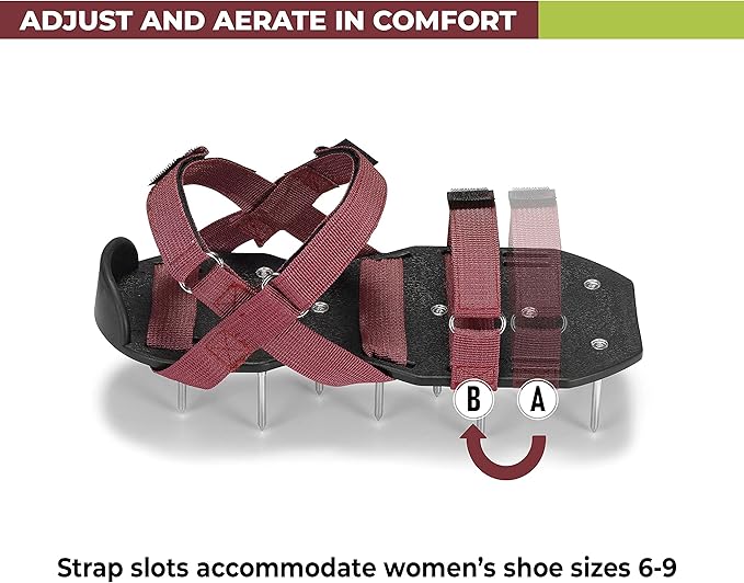 Lawn Aerator Shoes with Hook-and-Loop Straps, Pre-Assembled, Fully Adjustable, One-Size-Fits-All – Lawn and Garden Tool Reduces Thatch, Revives Soil Health (Maroon)