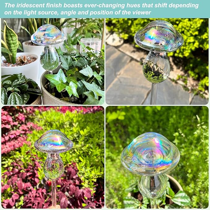 Kingbuy Self Watering Globes Hand Blown Glass Plant Watering Bulbs Colorful Mushroom Automatic Drippers Irrigation Devices for Indoor Outdoor Plants, 4 Pack