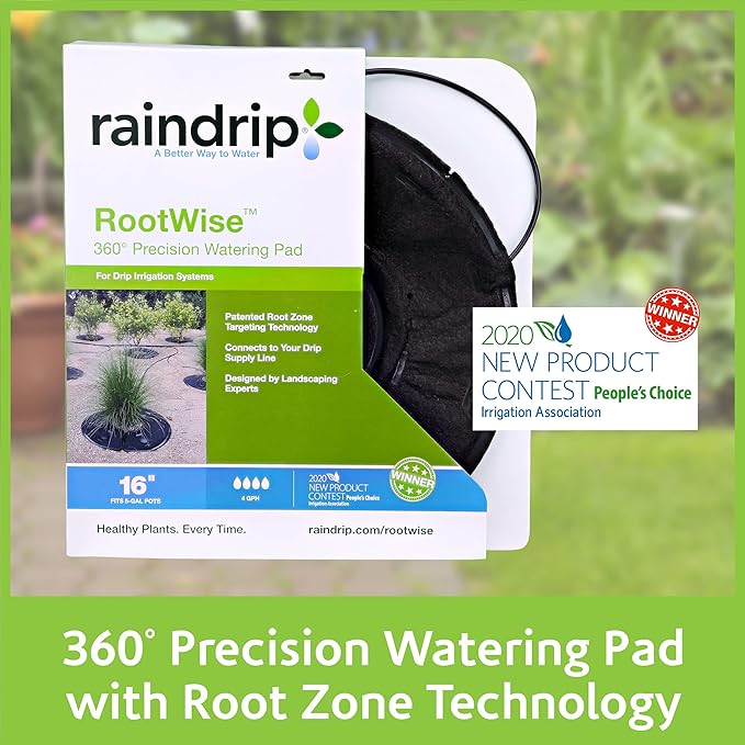 Raindrip RW16RE RootWise 360° Precision Plant Watering Pad for Plant & Tree Irrigation, 16 in. Watering Mat with Built-in Drip Tubing & Emitters,Watering Ring Connects to Drip Irrigation Systems,Black