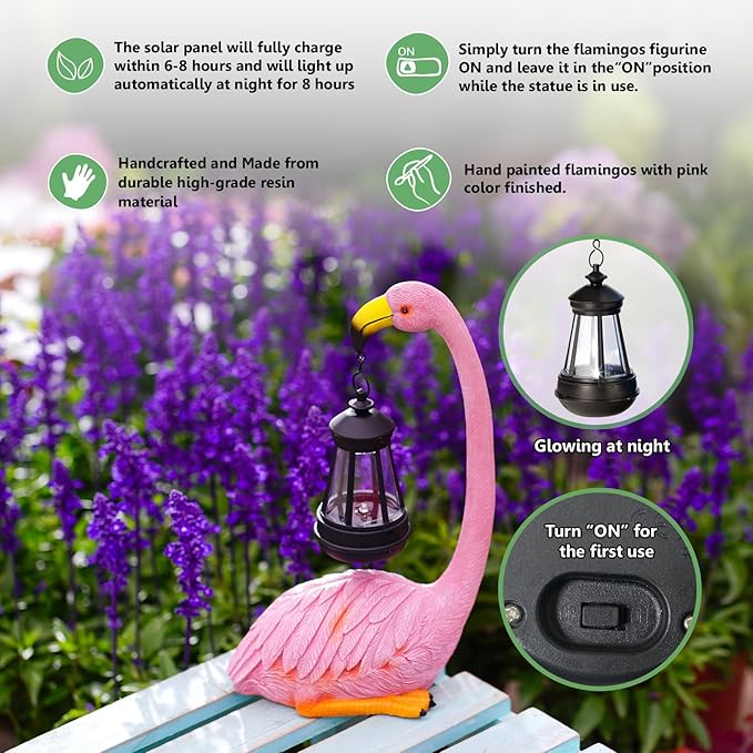 Solar Flamingo Statues for Garden Decor: Outdoor Figurines Sculpture with Lantern for Lawn Patio Yard Balcony - Gifts for Mom Grandma