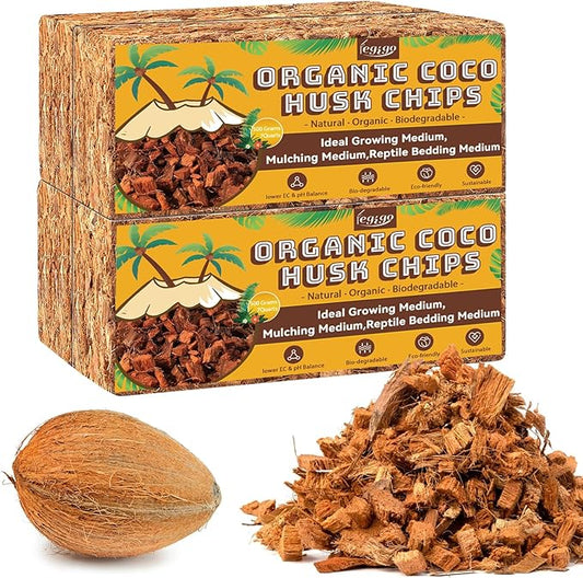 Legigo 4 Pack Coco Husk Chips- 4.4 LB 100% Organic Coconut Coir Chips Brick Potting Soil Mix with Low EC & PH Balance, Compressed Coconut Substrate Coco Chips Mulch Medium for Garden, Flowers, Plants
