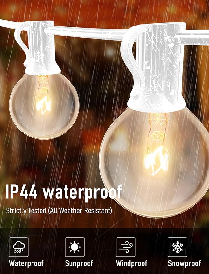 50FT Outdoor String Lights G40 Clear Globe String Lights Light Bulbs with 52 Clear Bulbs -5 Watt/120 Voltage/E12 Base -White Wire