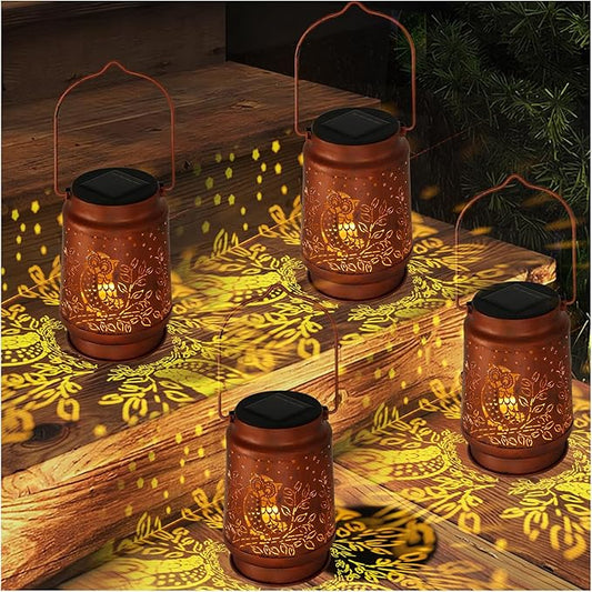 Outdoor Solar Lanterns Waterproof - Metal Hanging Solar Lights Outdoor Decorative, Solar Powered Lamp for Patio Yard Garden Decor, Christmas Birthday Gifts for Women Mom (4 Pack, Owl Shape)