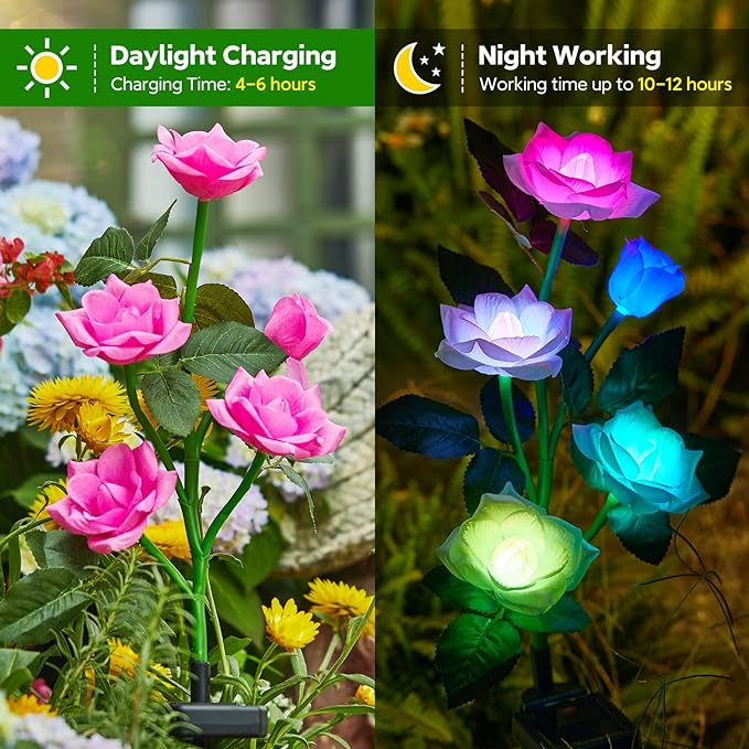 RECHOO Solar Garden Lights Outdoor Decorative, 3 Pack Solar Flower Lights with 15 Rose Flowers, Multi-Color Changing LED Waterproof Garden Decor for Patio Yard Pathway Decoration