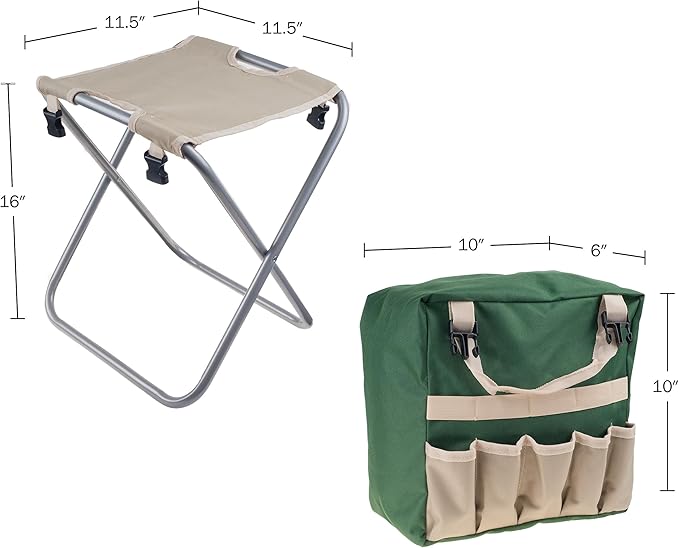 Pure Garden Folding Garden Stool with Tool Bag Plus 5 Garden Tools,Tan, Green and Silver