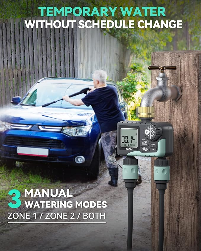 RAINPOINT 2 Zone Sprinkler Timer with Brass Swivel - 2pcs Water Timer for Garden Hose with Rain Delay/Manual Watering/Automatic Irrigation System - Programmable Faucet Timer for Yard Lawn