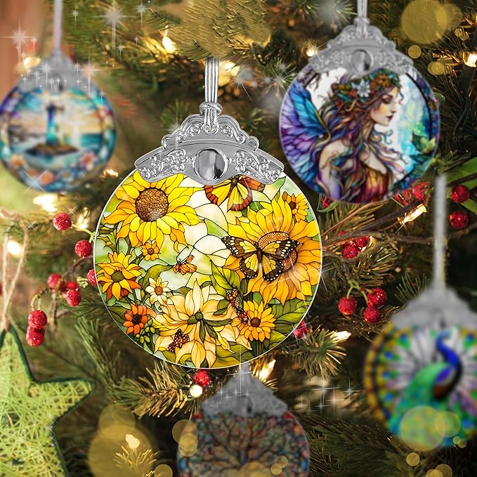 Stained Glass Suncatcher, Jocidea Sunflower and Butterfly Decor, Christmas Ornament, Holidays Ornaments, Christmas Tree Ornament, Sunflower and Butterfly Gifts