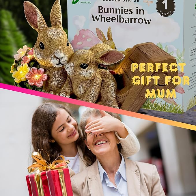 Bunny Solar Garden Statues, Rabbit Decor & Yard Ornaments, Cute Garden Decor for Outside, Gifts for Moms, Solar Figurines Outdoor Statue, Gardening Gifts for Women, Bunnies Ornament - Medium