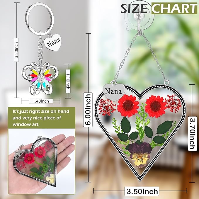 KY&BOSAM Heart Suncatcher Nana Gift for Nana Stain Glass Wind Chime for Window Pressed Flower Between Heart Glass Metal Engraved Charm Gift for Mother's Day Valentine's Birthday Thanksgiving Christmas