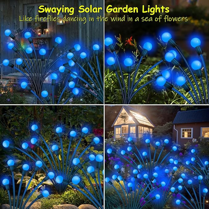 Solar Garden Lights Outdoor, 2 Pack 20 LED Blue Firefly Lights, Waterproof, Sway by Wind, for Yard Patio Backyard Garden Planter Flower Bed Pathway Decoration
