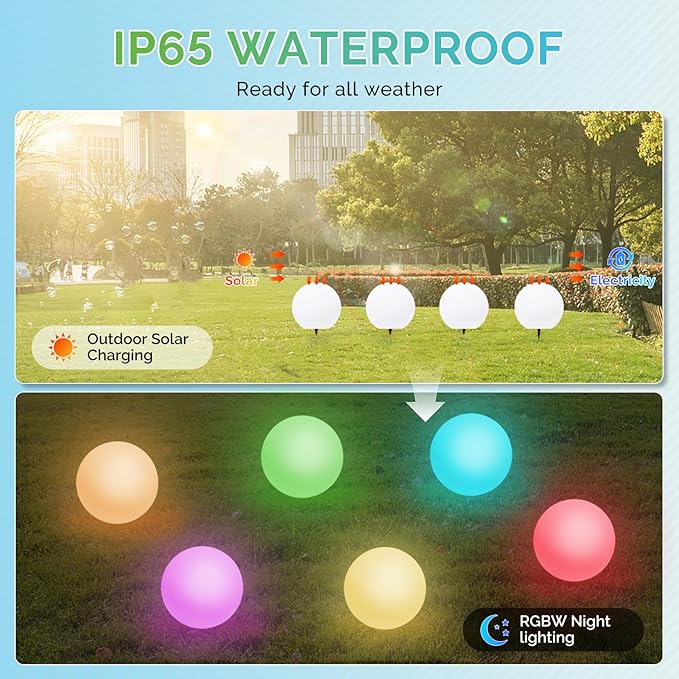 LOFTEK Solar Ball Lights with Ground Stake, RGBW Colors Changing Mood IP65 Waterproof Rechargeable Night Lights - Outdoor Solar Lights for Lawn Patio Yard Walkway, 8-inch