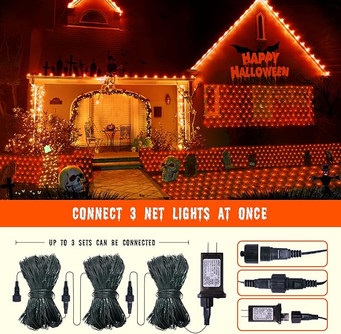 Orange Net Lights Outdoor Waterproof - 360 LED With Remote, 12x5 ft Extendable 8 Modes Christmas Lights for Thanksgiving Bushes Gazebo Lawn Garden Shrubs Tree Backyard