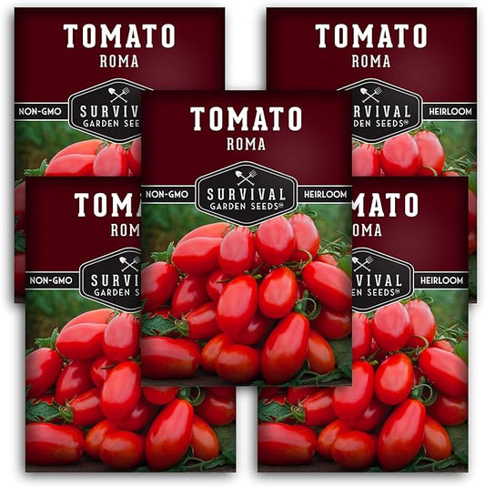 Survival Garden Seeds - Roma Tomato Seed for Planting - 5 Packs with Instructions to Plant and Grow Italian Roma Tomatoes in Your Home Vegetable Garden - Canning Favorite - Non-GMO Heirloom Variety