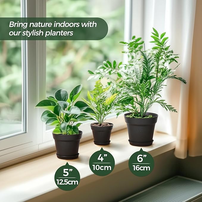 T4U 4 Inch Plant Pots 18-Pack - Small Plastic Planter with Drainage Hole and Saucer, Decorative Nursery Pot Bulk for African Violet, Snake Plant, Succulent and All House Plants Indoor (Black)