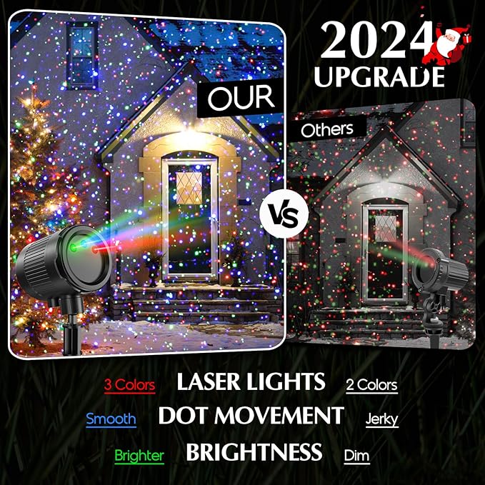 Laser Christmas Projector Lights Outdoor, 3 Color Laser Projector Light, Moving Firefly Lights Show w/Remote & Timer, Waterproof Holiday Christmas Decorations for Garden Yard Party Wedding Home Decor
