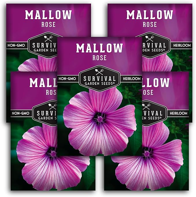 Survival Garden Seeds - Rose Mallow Seed for Planting - 5 Packs with Instructions to Plant and Grow Bright Pink Native Wildflower in Your Home Vegetable Garden - Non-GMO Heirloom Variety