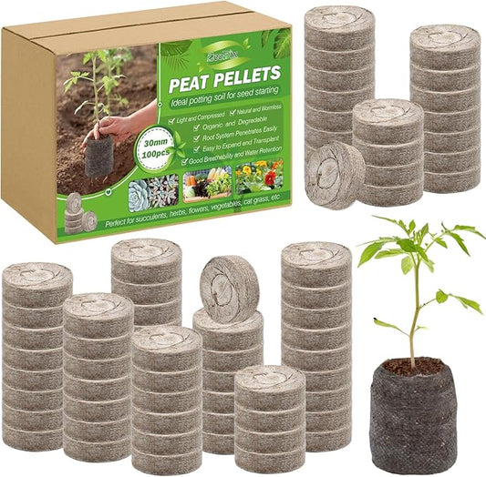 ZeeDix 100Pcs 30mm Peat Pellets for Seedlings, Seed Starter Pods Seed Starting Plugs Soil, Compressed Nutrient Block Potting Soil Discs Pellet for Planting Herbs Flowers Vegetables