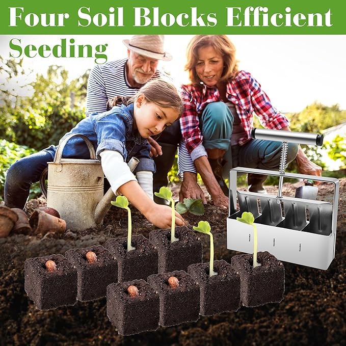 Stainless Steel Soil Blocker for Seed Starting, 4 Cell Blokers Make Tool 2-inch Standard Blocks Soil Block Maker with Scraper &Three Sizes Seed Pins