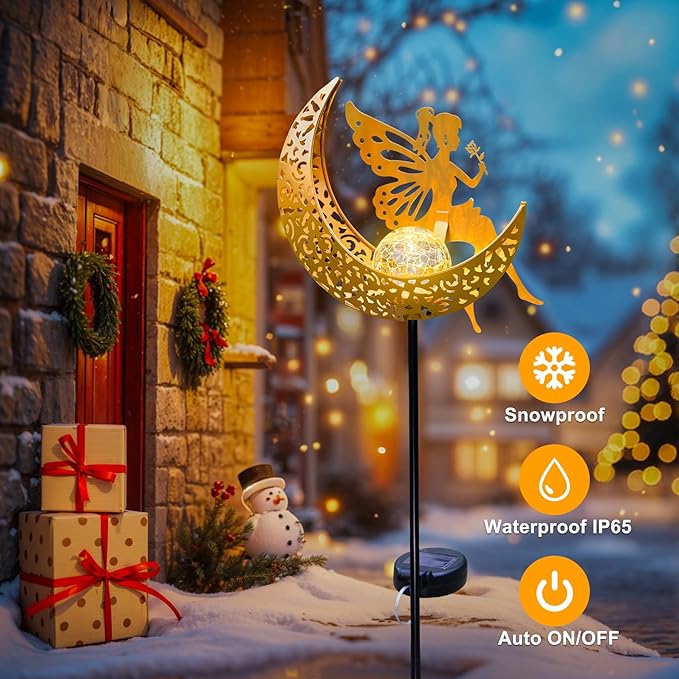 Fairy Moon Solar Lights Outdoor Garden Gifts for Women Yard Decorations Stakes Lights, Waterproof LED Outside Backard Decor, Lawn Patio Ornaments, Mothers Day Birthday Gifts for Mom (Gold,1Pack)