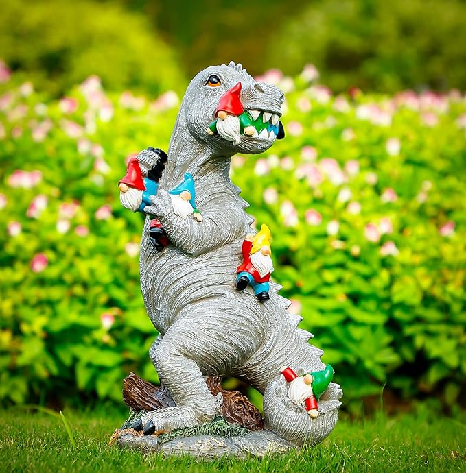Garden Statue Outdoor Decoration, Weatherproof 14” Dinosaur Garden Gnome, Indoor Outdoor Décor Garden Art for Patio Lawn Yard, Gardening Gift for Homeowners