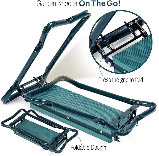 Garden Seat and Kneeler - Portable EVS Cushion Gardening Kneeling Pad 2X Gloves 1x Pouch - Soft, Wide, Comfortable and Heavy Duty Gardening Stool, Gardening Gifts for Parents and Loved Ones