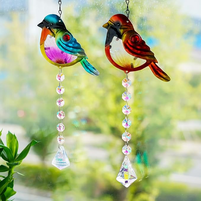 Set 2 Stained Glass Little Birds Suncatchers Rainbow Maker Crystal Prisms Hanging Suncatcher for Window Colorful Metal Birds Wall Art Fence Decorations
