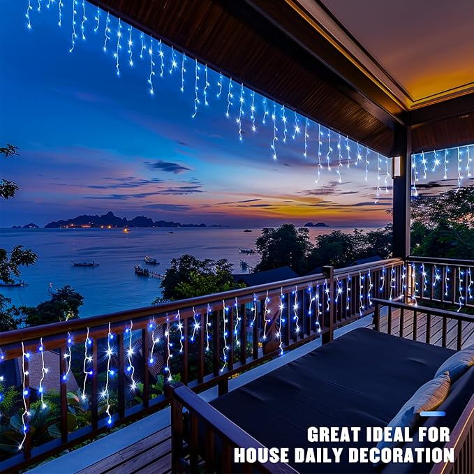 JMEXSUSS Blue&White Icicle Lights Indoor Outdoor, 38.8FT 400 LED Icicle Christmas Lights for Outside, Icicle String Lights with Remote for House Bedroom Fireplace Birthday Party Christmas Decorations