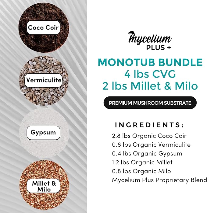 Mycelium's Dung-Loving Mushroom Monotub Bundle - 4LB CVG & 2LB Millet/Milo Grain | Expertly Prepared for Peak Mycelium Growth | Nutrient-Dense for Home Growers | Complete with Cultivation Enhancer