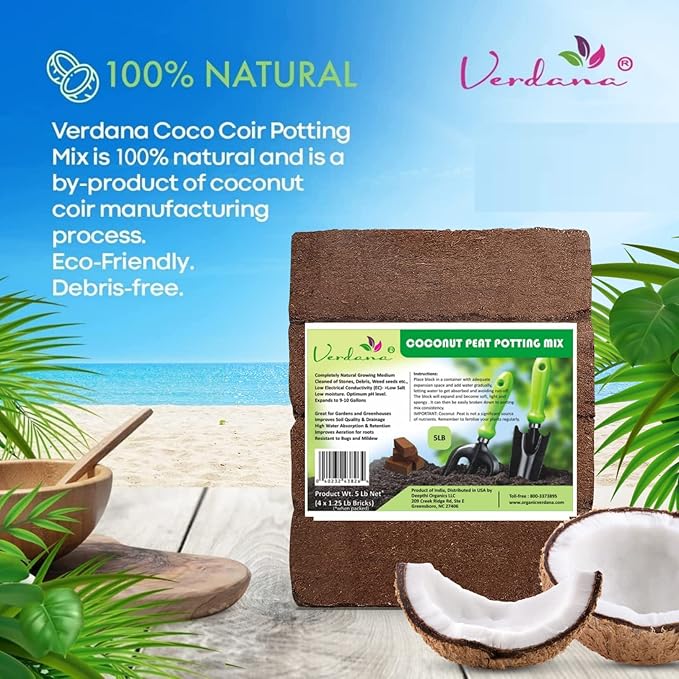 Verdana Coco Coir Brick Potting Mix – 5 Lb Pack - 4X 1.25 Lb Compressed Bricks - Coconut Fiber, Coco Peat - Alternative to Peat Moss – Soilless Growing Medium - Low EC, Optimum pH, High Expansion