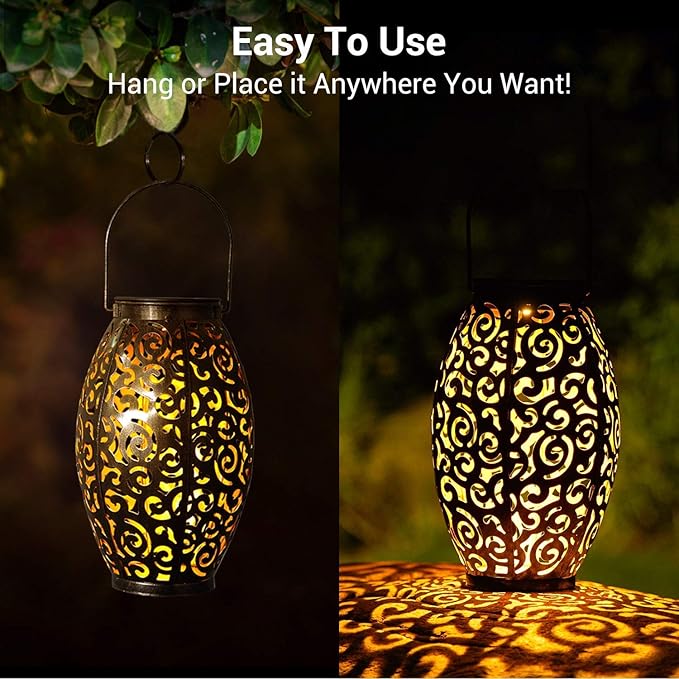 Solar Lanterns Outdoor Waterproof, 2 Pack Solar Garden Lanterns, LED Hanging Lanterns Solar Powered with Handle, Garden Decorative Retro Metal Solar Light for Table Pathway Walkway, Gardening Gifts