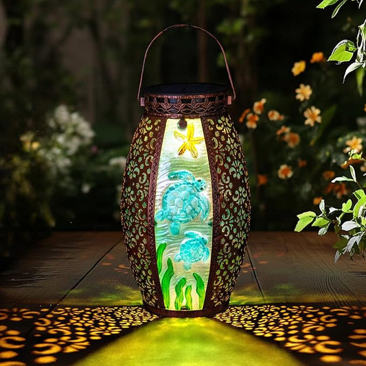 Larekook Outdoor Solar Lantern-Waterproof Turtles Hanging Metal Decorative Lights for Patio Table Garden Pathway Yard with Super Bright Warm White LED,Large Solar Panels,Auto On/Off Sensor