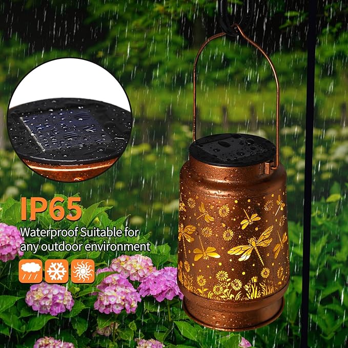 Solar Lanterns Outdoor Waterproof Dragonfly Garden Decor Gifts for Women Mom Grandma Hanging Solar Lights Metal Solar Decoration Outside for Yard, Patio, Backyard, Porch