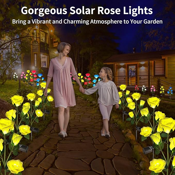 Solar Garden Lights, Solar Outdoor Lights with More Realistic 10 Rose Waterproof Solar Powered Flowers Lights for Outside Patio Yard Pathway Decorations, 2 Pack Yellow