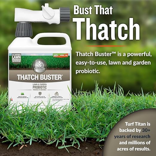 Turf Titan Thatch Buster with Hose End Sprayer – Natural Lawn Aerator and Grass Dethatcher – Probiotic Solution for Improved Lawn Drainage, Soil Health, and Strength (32oz)