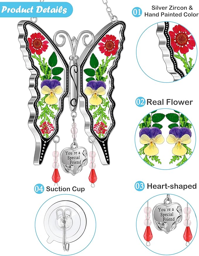KY&BOSAM Butterfly Suncatcher You`re a Special Friend Gift Glass Suncatchers for Window Hanging Wind Chime Ornament with Pressed Real Flower and Heart Charm Birthday Gift for Mother`s Day Valentine`s