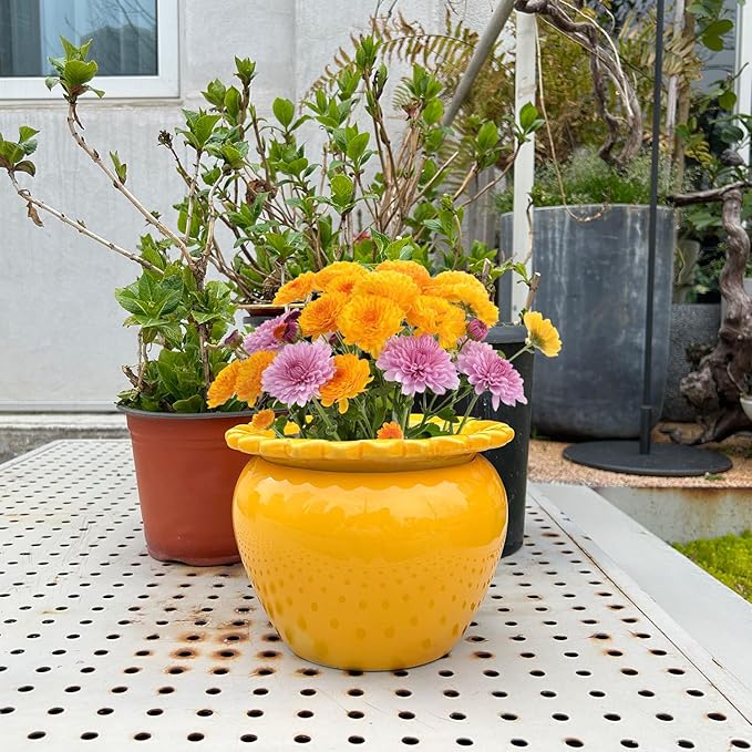 8in Self Waterring Terracotta Planter Yellow Ceramic Pot Maintenance Plant Seeder Planting Flower Pot Design Self Watering Planter for Indoor Plants African Violet Planter Pot