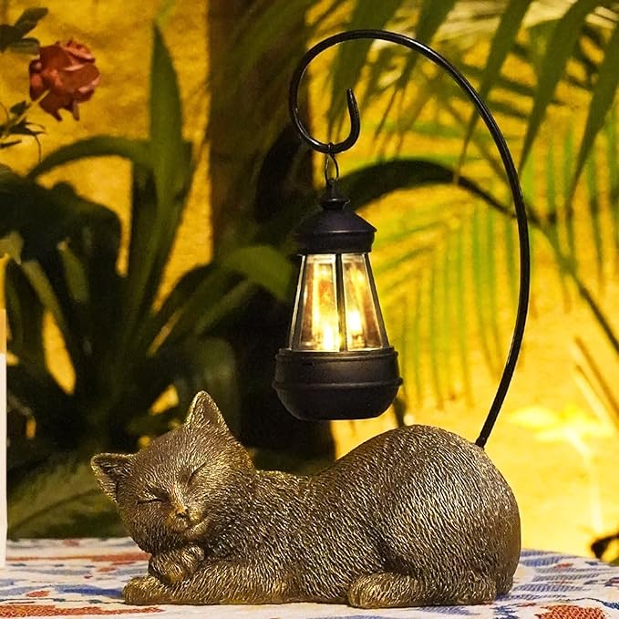 Resin Cat Statue with Solar Lantern, Eye-catching Garden Sculpture & Lawn Decor, 13" Height Outdoor Cat Figurine for Garden Yard Patio Porch Decorations, Cat Statues Outside Ornament