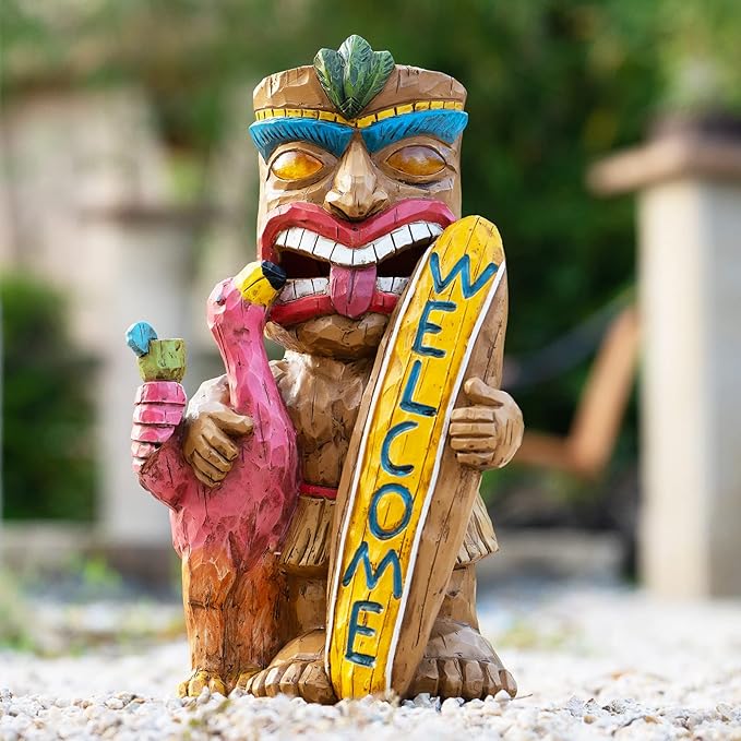 Welcome Tiki Statue with Surfboard Flamingo-Solar Outdoor Decor - Tiki Man with Automatic Switch On Flickering Eyes LED Light for Tiki Bar Decorations, Patio, Balcony, Yard,Lawn,Gifts