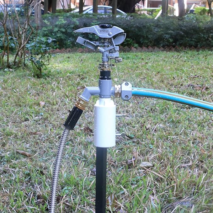 STYDDI T-Post Fence Sprinkler, Metal Impact Sprinkler Head on Fence T-Post Base with Flow Through, Irrigation Zinc-Alloy Adjustable T-Post Impulse Sprinkler