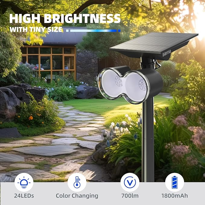 Barrina Solar Spot Lights Outdoor, 360° Horizontal Adjustable, 24 LEDs RGB Color Changing Solar Spotlight, IP65 Waterproof, Auto On/Off Solar Powered Landscape Lights for Outside Garden Yard, 2 Pack