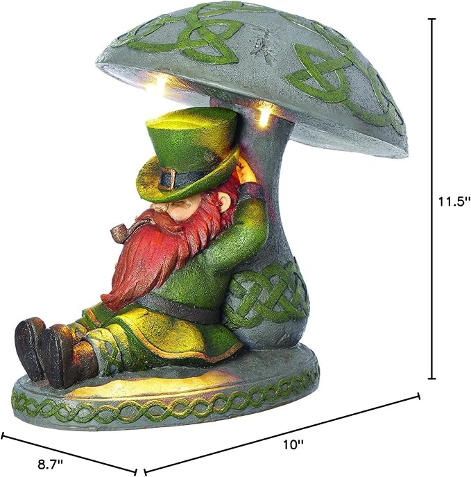 Roman Garden - LED Leprechaun Sleeping Under Mushroom Garden Statue, 10" H, Irish Collection, Resin and Stone, Decorative, Garden Gift, Home Outdoor Decor, Durable, Long Lasting
