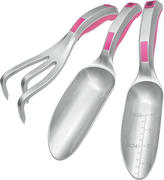 Garden Tool Set, 3PC Bend Proof Gardening Tool Kits (Soil Scooper, Garden Trowel, Cultivator Hand Rake), One-Piece Aluminum, Garden Gift Pink