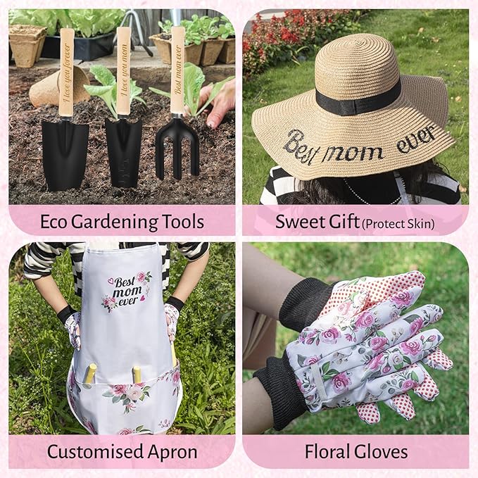 Pink Gardening Tools, Garden Tool Set for Women, 7 Piece Womens Gardening Kit with Gardening Hand Tools Straw Hat Floral Gardening Apron and Gloves,Gardening Gifts for Women Pink