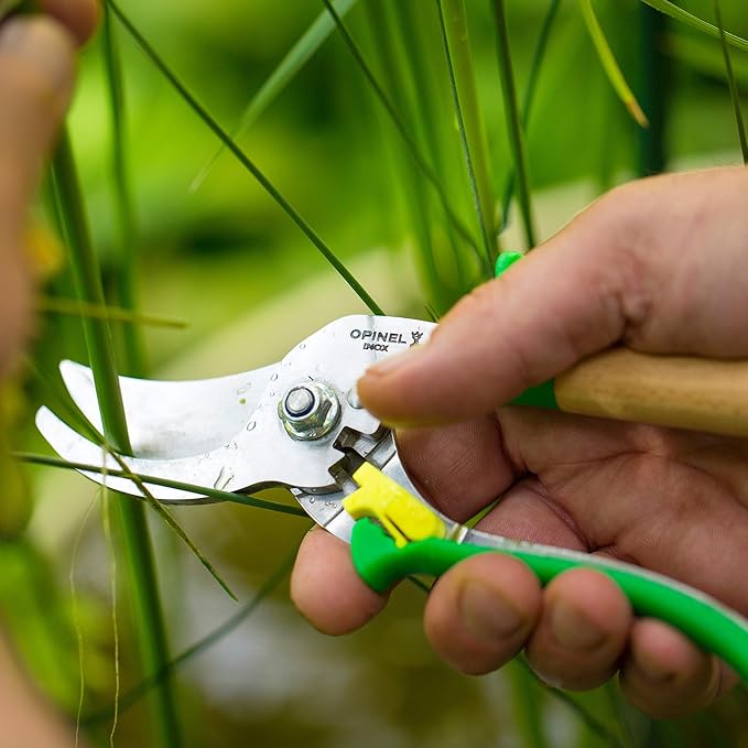 Opinel Hand Pruning Shears with non-slip beech wood handle perfect for bypass trimmers, garden, hedge, lawn clippers or hand scissors with stainless steel blade (Blue)