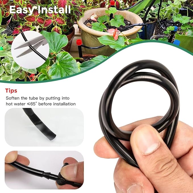 100FT 1/4 inch Drip Irrigation Tubing Distribution Hose Tube for Garden Irrigation System (Includes 1 pack 6-Way Connector and 20pcs 1/4" Tee Splitters and End Plugs)