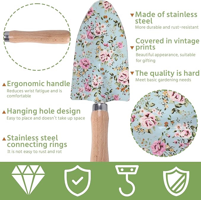 WNJ Gardening Tool Set, 10 PCS Heavy Duty Floral Pattern Garden Tools Set Kit, Complete Gardening Tool Bag Set, with Non-Slip Rubber Handle, Best Gardening Gifts for Women