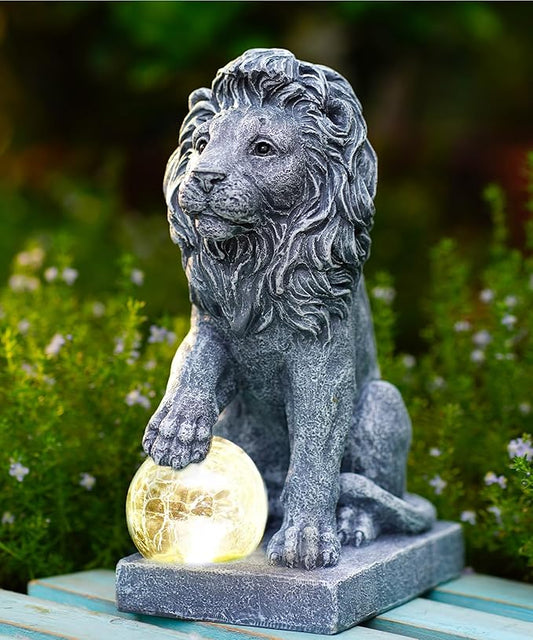 Solar Lion Statue for Garden Decor: Outdoor Figurines Sculpture with Ball for Lawn Patio Yard Balcony - Gifts for Mom Grandma Women