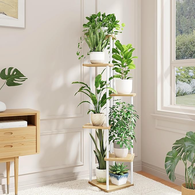Bamworld Tall Plant Stand Indoor, 6 Tier Metal Plant Shelf for Multiple Plants, Corner Tiered Flower Stand for Patio Garden Balcony Living Room Bedroom(White)