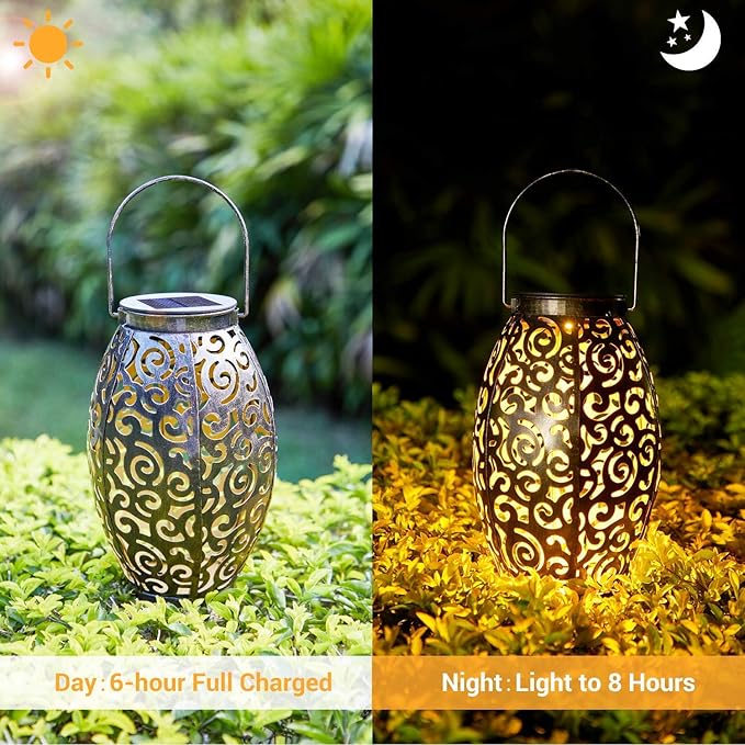 Solar Lanterns Outdoor Waterproof, 2 Pack Solar Garden Lanterns, LED Hanging Lanterns Solar Powered with Handle, Garden Decorative Retro Metal Solar Light for Table Pathway Walkway, Gardening Gifts